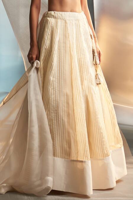 Charkhee_Ivory Chanderi, Organza, Tissue Woven Striped Lehenga Embroidered Blouse Set _Online_at_Aza_Fashions
