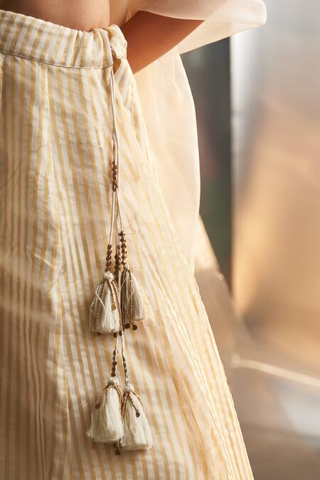 Shop_Charkhee_Ivory Chanderi, Organza, Tissue Woven Striped Lehenga Embroidered Blouse Set _Online_at_Aza_Fashions