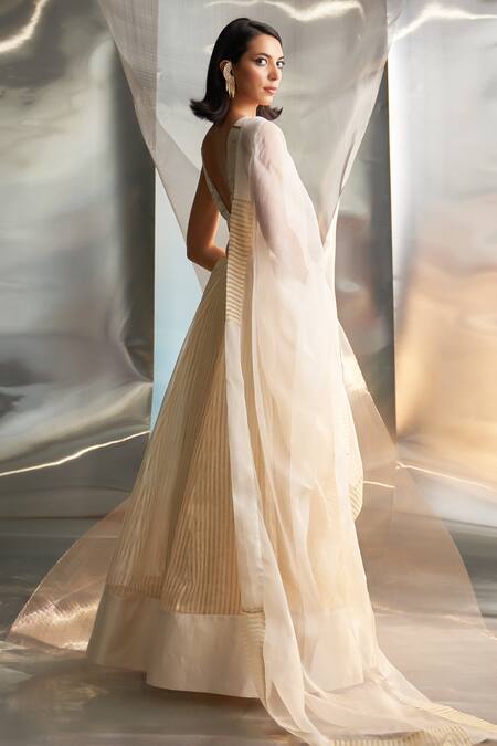 Buy_Charkhee_Ivory Chanderi, Organza, Tissue Woven Striped Lehenga Embroidered Blouse Set 