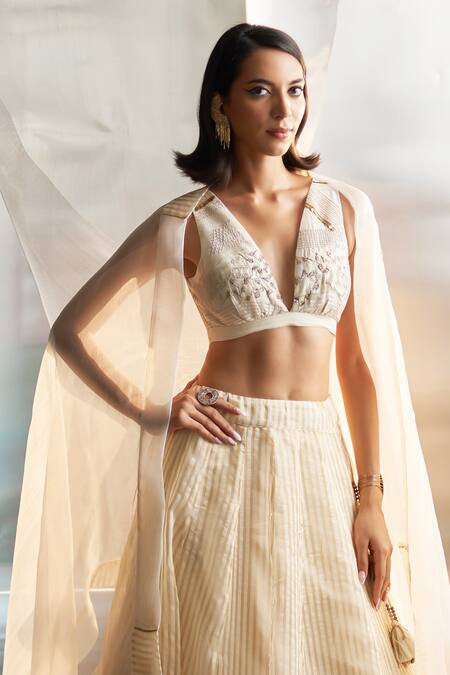 Shop_Charkhee_Ivory Chanderi, Organza, Tissue Woven Striped Lehenga Embroidered Blouse Set 