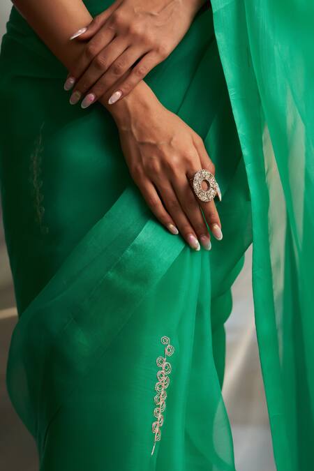 Shop_Charkhee_Green Organza, Chanderi Embroidery V-neck Placement Saree With Blouse _Online_at_Aza_Fashions