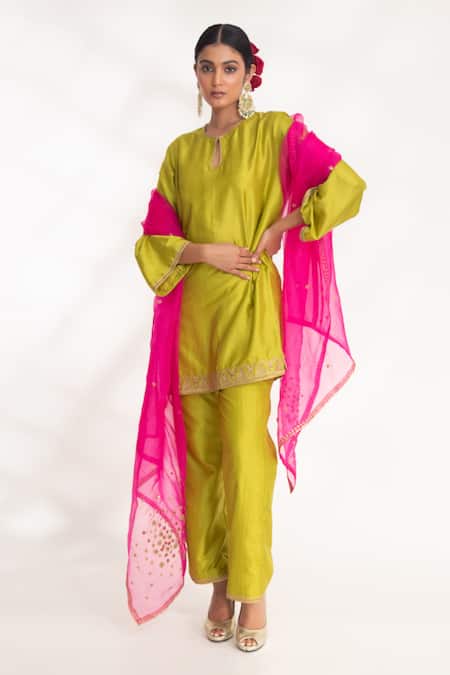 Chhaya Mehrotra Green Bamboo, Voile Zari Keyhole Neck Aavya Zardozi Embroidered Kurta And Pant Set Online at Aza Fashions Chhaya Mehrotra_Green Bamboo, Voile Zari Keyhole Neck Aavya Zardozi Embroidered Kurta And Pant Set _Online_at_Aza_Fashions