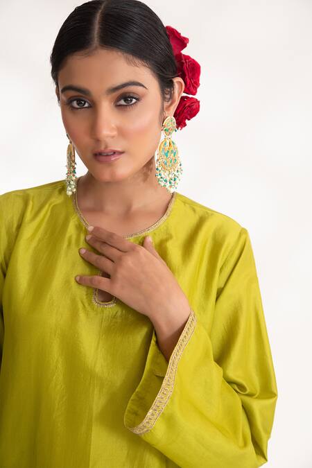 Chhaya Mehrotra Green Bamboo, Voile Zari Keyhole Neck Aavya Zardozi Embroidered Kurta And Pant Set at Aza Fashions Chhaya Mehrotra_Green Bamboo, Voile Zari Keyhole Neck Aavya Zardozi Embroidered Kurta And Pant Set _at_Aza_Fashions