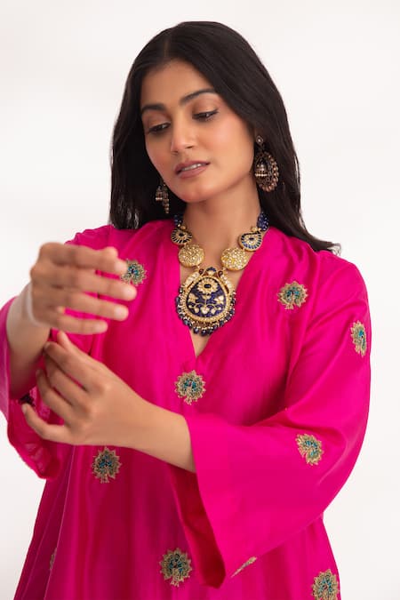 Shop_Chhaya Mehrotra_Magenta Voile Zari V-neck Devya Peacock Embroidered Kurta And Pant Set _Online_at_Aza_Fashions