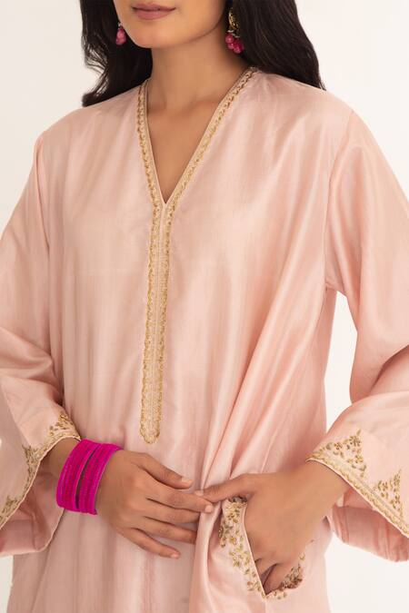 Buy_Chhaya Mehrotra_Pink Brocade, Silk Embroidery V-neck Satya Zardozi Neckline Kurta And Salwar Set _Online_at_Aza_Fashions