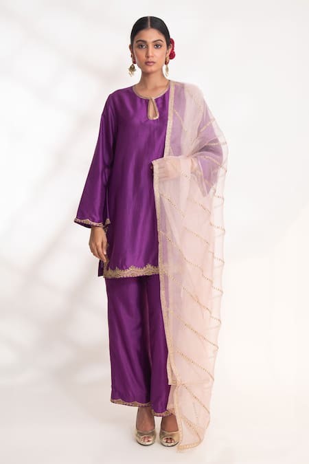 Chhaya Mehrotra Purple Silk Zari Keyhole Neck Lekha Scallop Border Embroidered Kurta And Pant Set Online at Aza Fashions Chhaya Mehrotra_Purple Silk Zari Keyhole Neck Lekha Scallop Border Embroidered Kurta And Pant Set _Online_at_Aza_Fashions