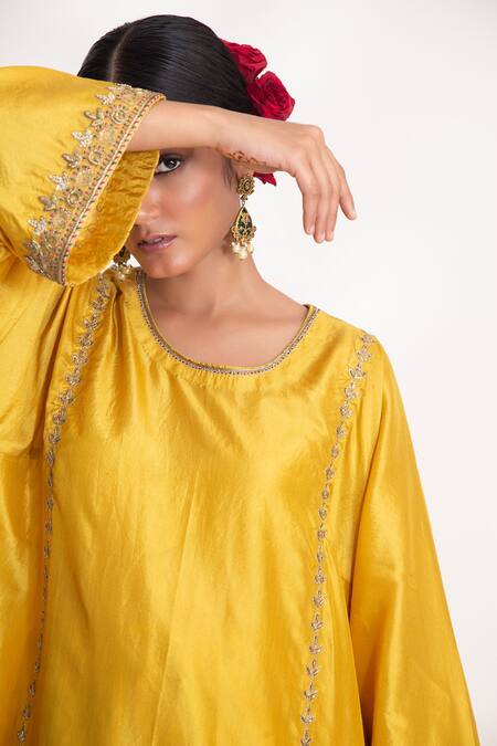 Shop_Chhaya Mehrotra_Yellow Voile Zari Round Kanak Zardozi Panelled Embroidered Kurta And Salwar Set _Online_at_Aza_Fashions