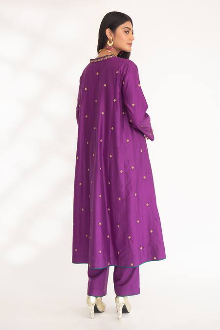 Shop Chhaya Mehrotra Purple Zari V-neck Iya Geometric Embroidered Kurta And Pant Set at Aza Fashions Shop_Chhaya Mehrotra_Purple Zari V-neck Iya Geometric Embroidered Kurta And Pant Set _at_Aza_Fashions