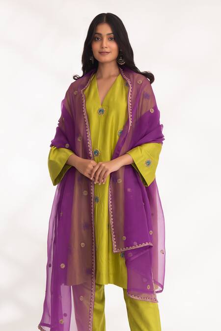 Buy Chhaya Mehrotra Green Voile Embroidery V-neck Devya Peacock Pattern Kurta And Pant Set Online at Aza Fashions Buy_Chhaya Mehrotra_Green Voile Embroidery V-neck Devya Peacock Pattern Kurta And Pant Set _Online_at_Aza_Fashions