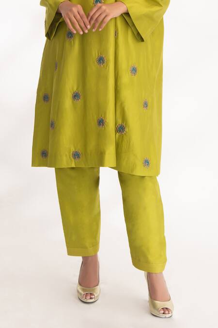 Shop Chhaya Mehrotra Green Voile Embroidery V-neck Devya Peacock Pattern Kurta And Pant Set Online at Aza Fashions Shop_Chhaya Mehrotra_Green Voile Embroidery V-neck Devya Peacock Pattern Kurta And Pant Set _Online_at_Aza_Fashions