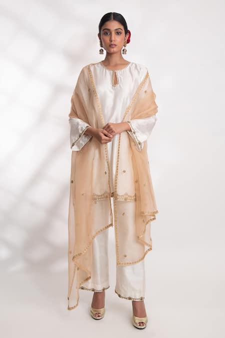 Shop_Chhaya Mehrotra_Beige Silk Organza Embroidery Nirvi Hand Dupatta _at_Aza_Fashions
