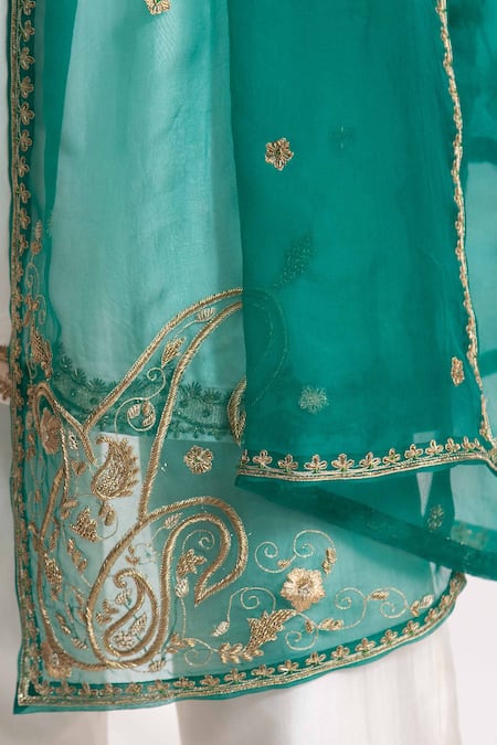 Chhaya Mehrotra_Green Silk Organza Zari Savi Hand Embroidered Dupatta _Online_at_Aza_Fashions