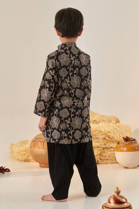 Shop_Cute Couture_Black Cotton Mirrors Floral Pattern Embroidered Kurta And Patiala Set _at_Aza_Fashions