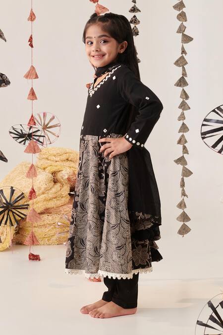 Buy_Cute Couture_Black Anarkali Cotton Embroidered Mirror Pant Set _Online_at_Aza_Fashions