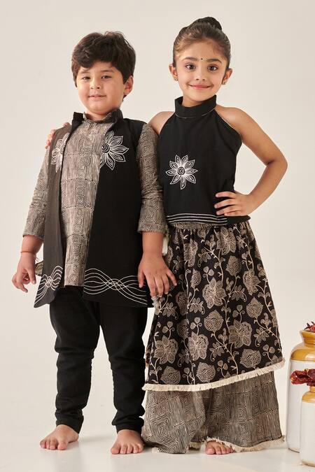 Shop Cute Couture Black Lehenga Cotton Embroidered Thread Set Shop_Cute Couture_Black Lehenga Cotton Embroidered Thread Set