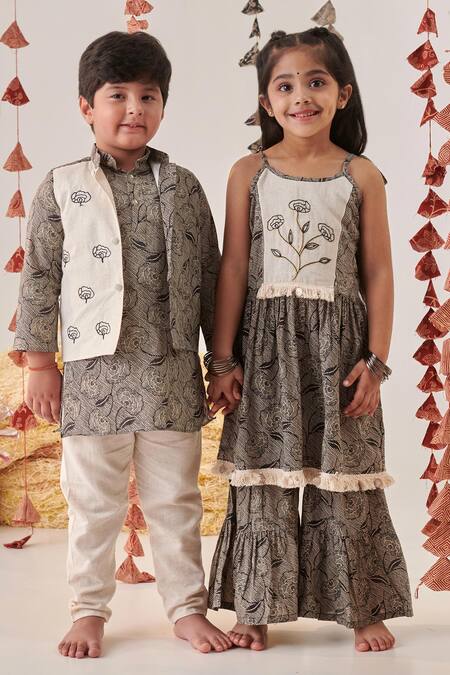 Shop_Cute Couture_Beige Kurta Flex And Printed Floral Embroidered & Sharara Set 