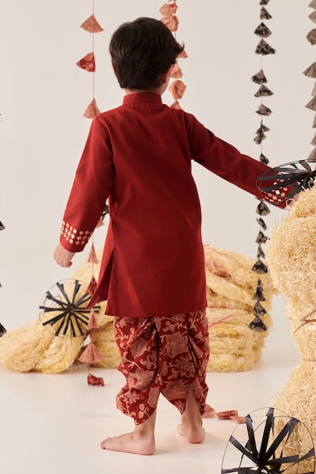 Shop_Cute Couture_Maroon Cotton Mirrors Embroidered Kurta And Dhoti Pant Set _at_Aza_Fashions