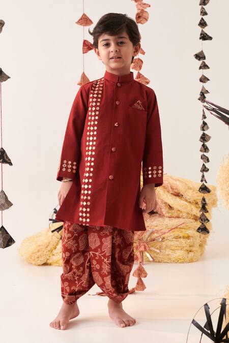 Cute Couture_Maroon Cotton Mirrors Embroidered Kurta And Dhoti Pant Set _Online_at_Aza_Fashions