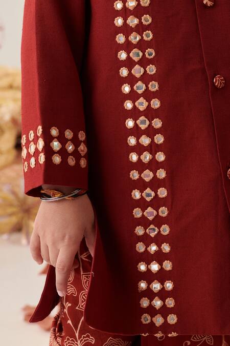 Shop_Cute Couture_Maroon Cotton Mirrors Embroidered Kurta And Dhoti Pant Set _Online_at_Aza_Fashions