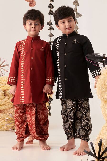 Shop_Cute Couture_Maroon Cotton Mirrors Embroidered Kurta And Dhoti Pant Set 