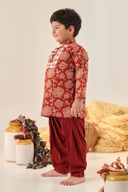 Shop Cute Couture Maroon Kurta Rayon Printed Floral Mirror Embroidered And Patiala Set at Aza Fashions Shop_Cute Couture_Maroon Kurta Rayon Printed Floral Mirror Embroidered And Patiala Set _at_Aza_Fashions