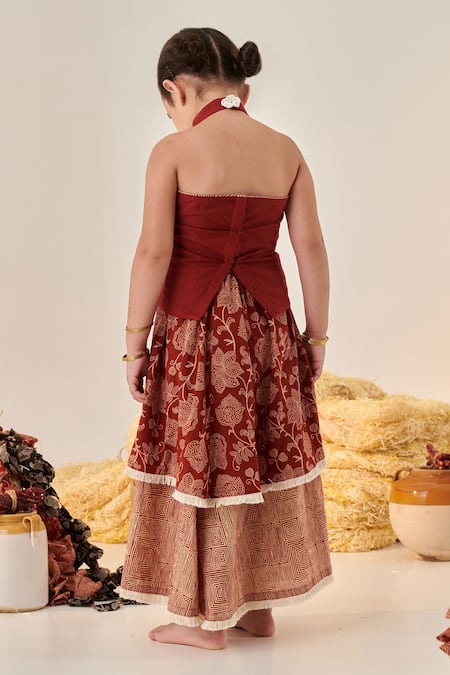 Shop Cute Couture Maroon Lehenga Cotton Embroidered Thread Top And Set at Aza Fashions Shop_Cute Couture_Maroon Lehenga Cotton Embroidered Thread Top And Set _at_Aza_Fashions