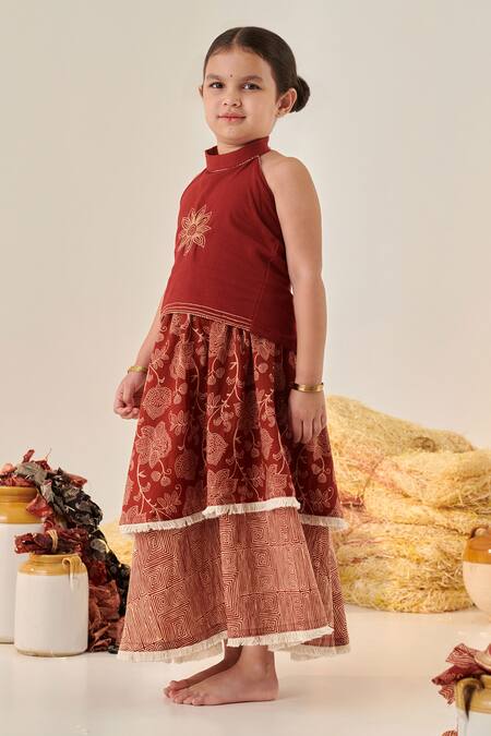 Cute Couture Maroon Lehenga Cotton Embroidered Thread Top And Set Online at Aza Fashions Cute Couture_Maroon Lehenga Cotton Embroidered Thread Top And Set _Online_at_Aza_Fashions