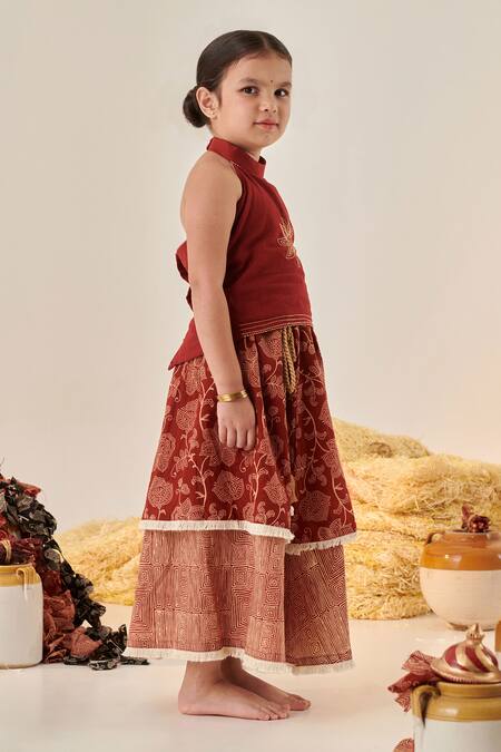 Buy Cute Couture Maroon Lehenga Cotton Embroidered Thread Top And Set Online at Aza Fashions Buy_Cute Couture_Maroon Lehenga Cotton Embroidered Thread Top And Set _Online_at_Aza_Fashions