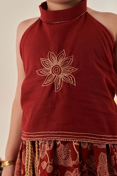 Cute Couture Maroon Lehenga Cotton Embroidered Thread Top And Set at Aza Fashions Cute Couture_Maroon Lehenga Cotton Embroidered Thread Top And Set _at_Aza_Fashions