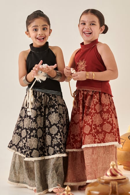 Shop Cute Couture Maroon Lehenga Cotton Embroidered Thread Top And Set Shop_Cute Couture_Maroon Lehenga Cotton Embroidered Thread Top And Set