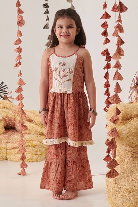 Cute Couture_Beige Cotton Embroidery, Tassels Yoke Anarkali And Sharara Set _Online_at_Aza_Fashions