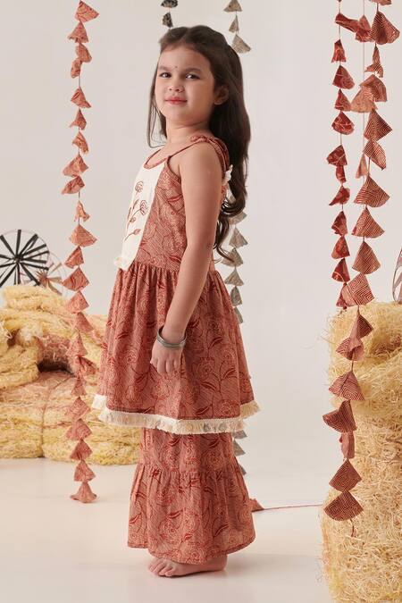 Buy_Cute Couture_Beige Cotton Embroidery, Tassels Yoke Anarkali And Sharara Set _Online_at_Aza_Fashions