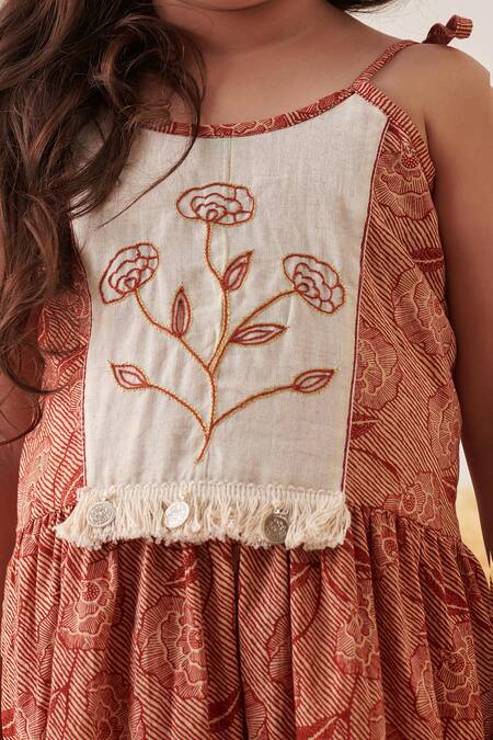 Shop_Cute Couture_Beige Cotton Embroidery, Tassels Yoke Anarkali And Sharara Set _Online_at_Aza_Fashions