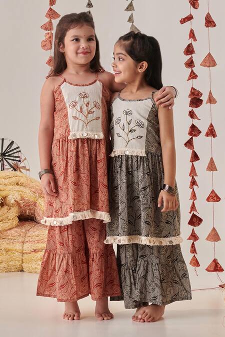 Cute Couture_Beige Cotton Embroidery, Tassels Yoke Anarkali And Sharara Set _at_Aza_Fashions