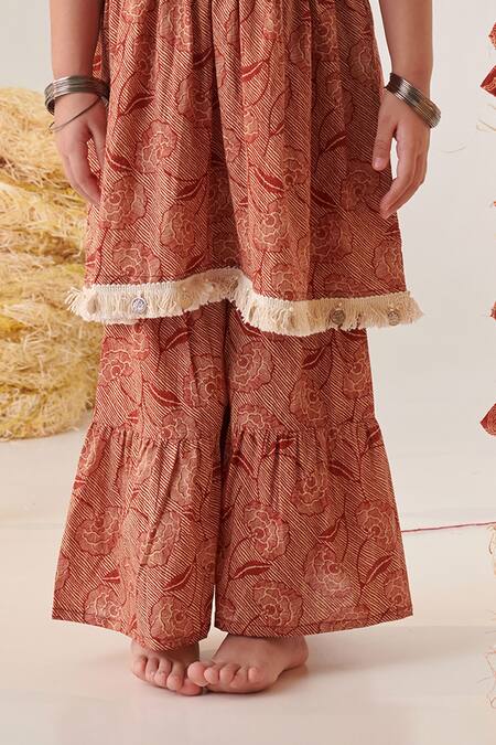 Buy_Cute Couture_Beige Cotton Embroidery, Tassels Yoke Anarkali And Sharara Set 