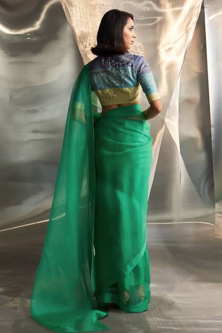 Charkhee Embroidered Placement Saree With Patchwork Blouse 