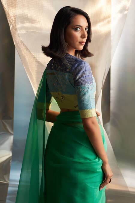 Buy_Charkhee_Green Chanderi, Cotton, Organza Embroidery, Placement Saree With Blouse _Online_at_Aza_Fashions
