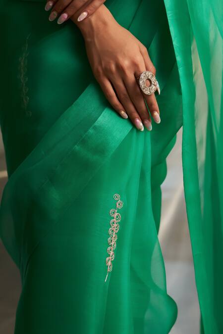 Charkhee_Green Chanderi, Cotton, Organza Embroidery, Placement Saree With Blouse _at_Aza_Fashions