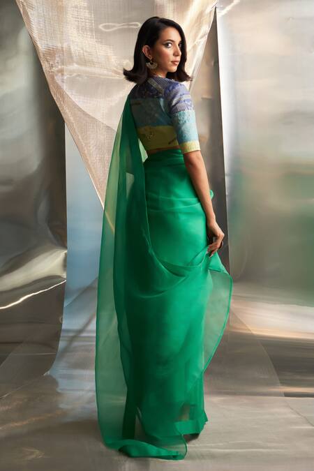 Buy_Charkhee_Green Chanderi, Cotton, Organza Embroidery, Placement Saree With Blouse 