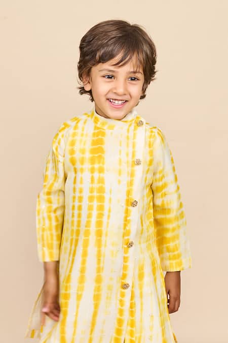 All Boy Couture_Yellow Chanderi, Cotton Sequins, Embroidery Tie Dye Kurta With Pyjama _Online_at_Aza_Fashions