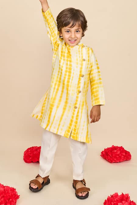 Buy_All Boy Couture_Yellow Chanderi, Cotton Sequins, Embroidery Tie Dye Kurta With Pyjama _Online_at_Aza_Fashions