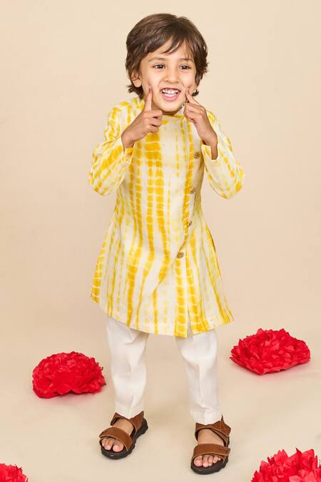 All Boy Couture_Yellow Chanderi, Cotton Sequins, Embroidery Tie Dye Kurta With Pyjama _at_Aza_Fashions