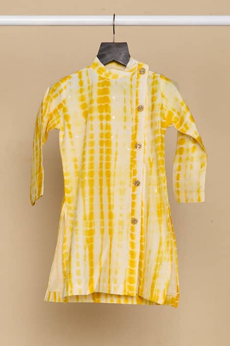 Buy_All Boy Couture_Yellow Chanderi, Cotton Sequins, Embroidery Tie Dye Kurta With Pyjama 