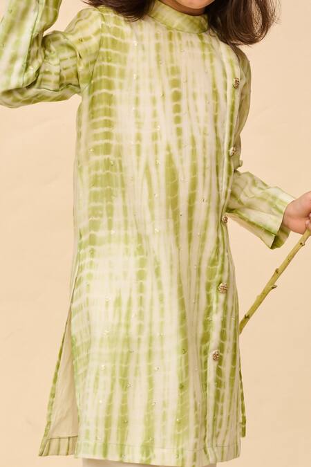 Buy All Boy Couture Green Handloom Cotton Sequins Thread Embroidered Tie Dye Kurta With Pyjama Online at Aza Fashions Buy_All Boy Couture_Green Handloom Cotton Sequins Thread Embroidered Tie Dye Kurta With Pyjama _Online_at_Aza_Fashions