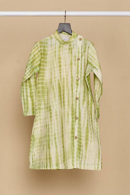Shop_All Boy Couture_Green Handloom Cotton Sequins Thread Embroidered Tie Dye Kurta With Pyjama _Online_at_Aza_Fashions
