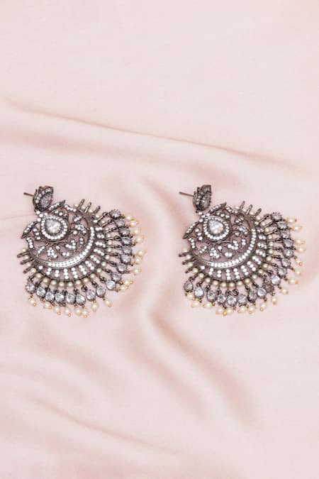 Shop Ruby Raang White Pearls, Stones, Gota Patti Studded Floral Chandbalis at Aza Fashions Shop_Ruby Raang_White Pearls, Stones, Gota Patti Studded Floral Chandbalis _at_Aza_Fashions