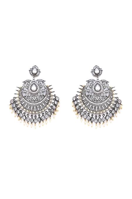 Ruby Raang White Pearls, Stones, Gota Patti Studded Floral Chandbalis Online at Aza Fashions Ruby Raang_White Pearls, Stones, Gota Patti Studded Floral Chandbalis _Online_at_Aza_Fashions