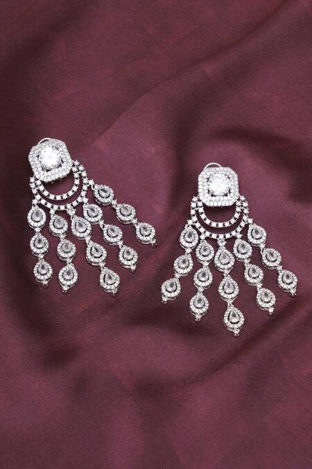 Shop Ruby Raang Silver Plated Stones, Diamonds Clear Studded Tasselled Chandbalis at Aza Fashions Shop_Ruby Raang_Silver Plated Stones, Diamonds Clear Studded Tasselled Chandbalis_at_Aza_Fashions