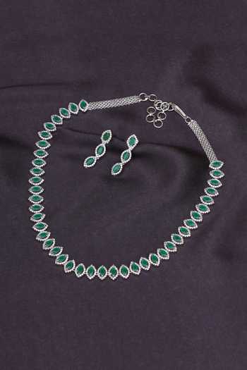 Shop Ruby Raang Silver Plated Imitation Diamonds Stone Studded Necklace Set at Aza Fashions Shop_Ruby Raang_Silver Plated Imitation Diamonds Stone Studded Necklace Set _at_Aza_Fashions