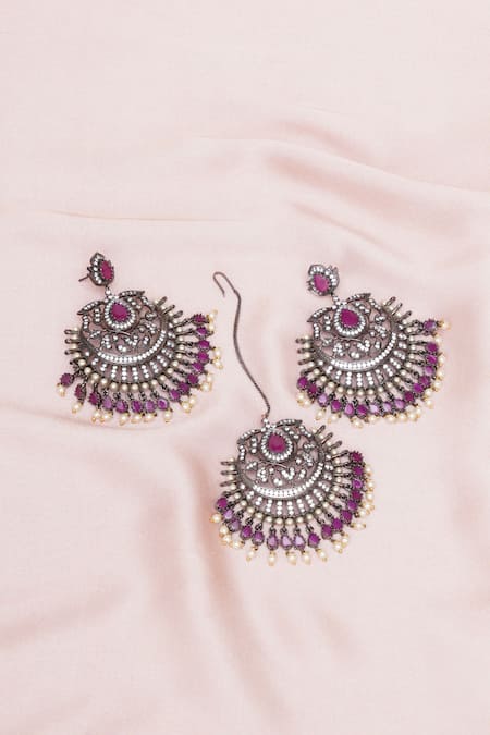 Shop Ruby Raang Silver Plated Pearls, Stones Studded Floral Chandbalis And Maangtikka Set at Aza Fashions Shop_Ruby Raang_Silver Plated Pearls, Stones Studded Floral Chandbalis And Maangtikka Set _at_Aza_Fashions